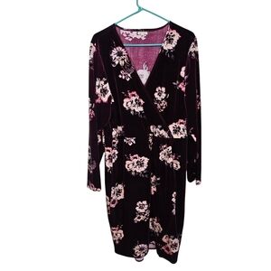 Faux Wrap Crushed Velevt Floral V-Neck Bodycon Burgundy Dress